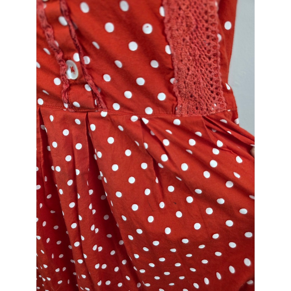 April Cornell Red Polka Dot Cotton Midi Dress XL Sleeveless Lace Trim Pockets - Picture 5 of 9